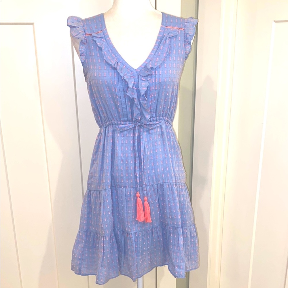 Blue Tiered Ruffle V-Neck Dress with Tassel Tie